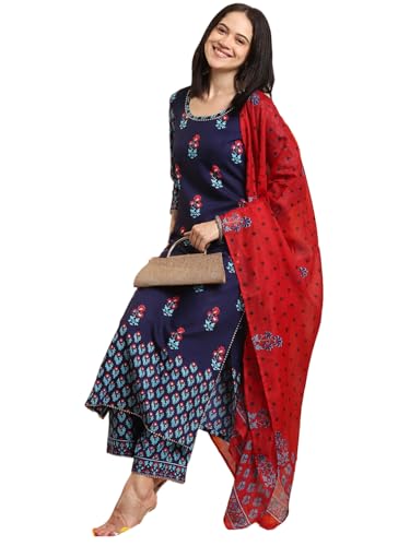GoSriKi Womens Rayon Blend Straight Printed Kurta with Pant & Dupatta (MASUMI BLUE-VKS01-GS_M_Blue_Medium)