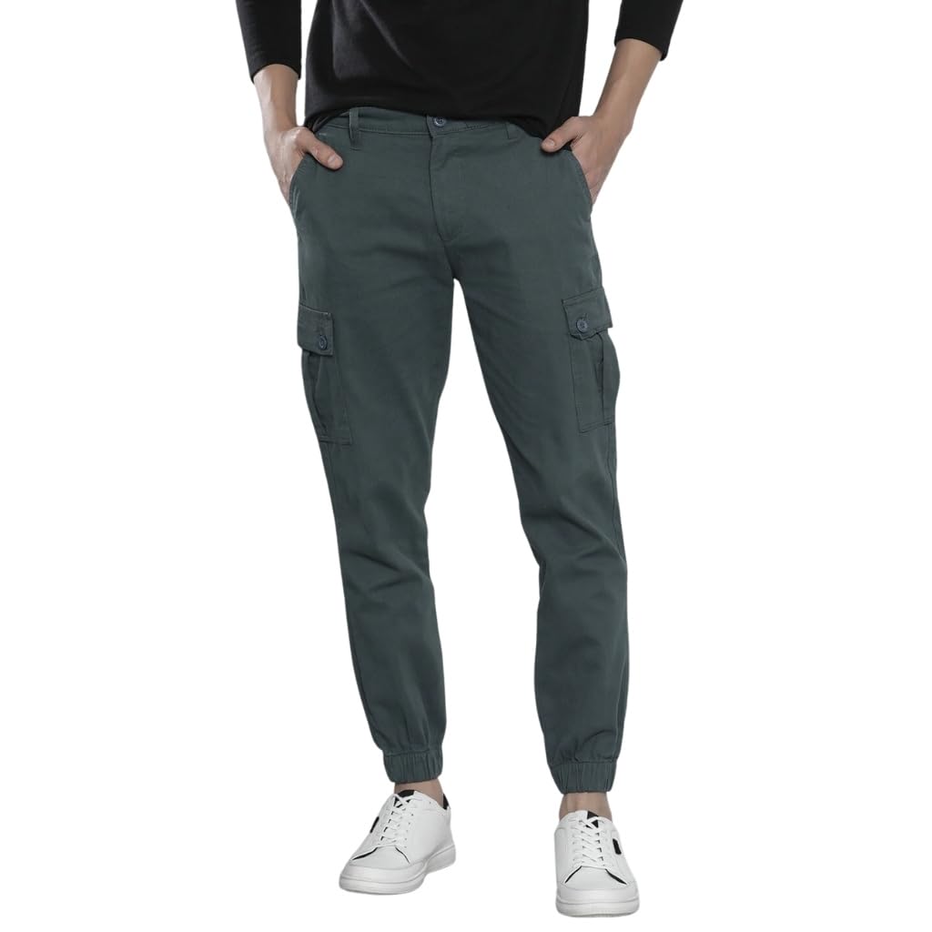 The Indian Garage Co Men Slim Fit Solid Mid-Rise Stretchable Cuffed Cargos Dark Grey