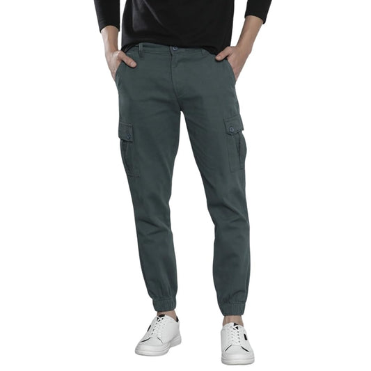 The Indian Garage Co Men Slim Fit Solid Mid-Rise Stretchable Cuffed Cargos Dark Grey