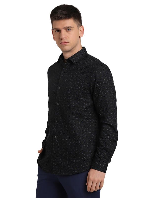 Turtle Men Cotton Linen Black Slim Fit Printed Shirts