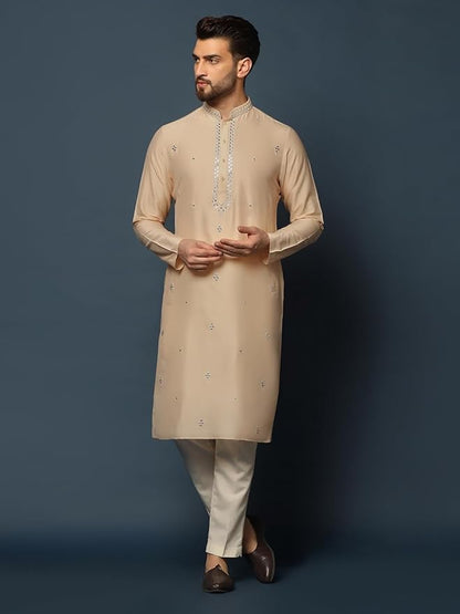 Kisah Cotton Beige Kurta For Men, Full Sleaves, Knee Length, Straight, Regular Fit, Mandarin Collar, Geometric Embroidered Mirro