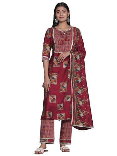 Libas Maroon Printed Silk Blend Straight Kurta With Palazzos & Dupatta