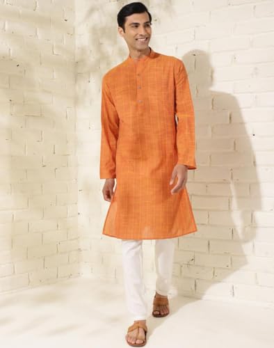 Fabindia MenS Cotton Printed Slim Fit Kurta (1035957Mustard_Mustard