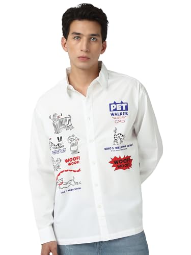 Bewakoof MenS Graphic Print Oversized Fit Full Sleeve Collared Poplin Shirt_666752_White_M