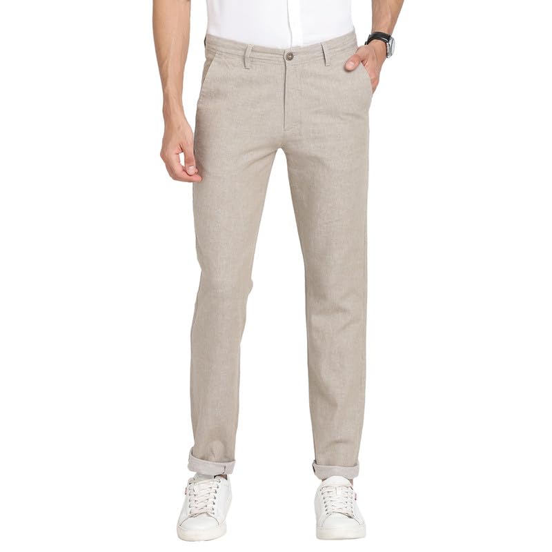 Turtle Men Cotton Linen Beige Plain Ultra Slim Fit Flat Front Casual Trouser