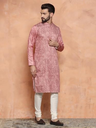 Kisah Men Pink Kurta, Cotton, Full Sleaves, Knee Length, Straight, Regular Fit, Mandarin Collar Ethnic Wear