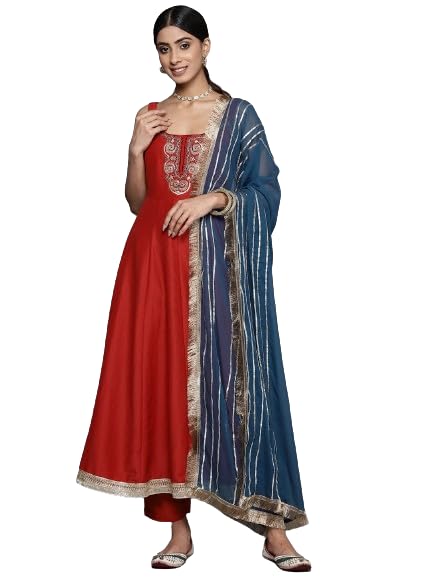 Varanga Women Red Scalloped Round Neck Yoke Embroidered, Spaghetti Strap Style Anarkali Kurta Paired with Tonal Bottm and Contrast Dupatta