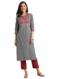 Varanga Women Blue And Maroon Printed Round Neck Straight Kurta With Contrast Printed Yoke And 3/4Th Regular Sleeves