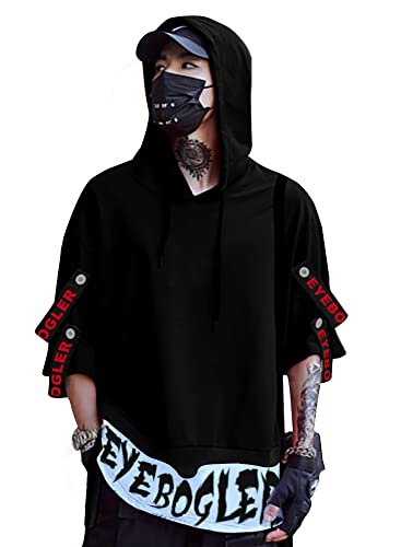 Eyebogler Mens Loose Fit Half Sleeves Hooded Neck Printed T-Shirt Black White