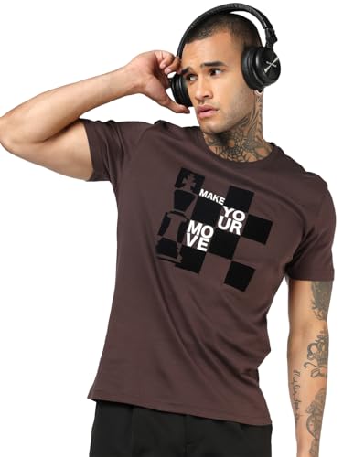 Bewakoof Party Animal MenS Graphic Print Regular Fit Half Sleeve Round Neck Cotton T-Shirt_683856_Brown_L