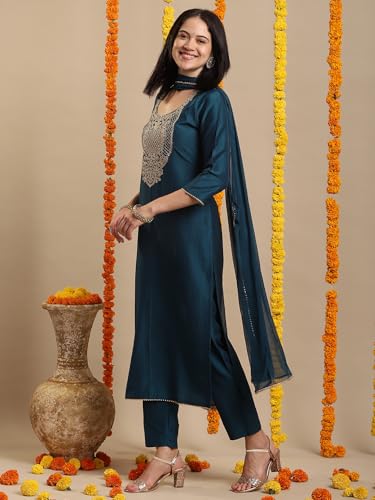 GoSriKi Ladies Straight Kurta Set with Pants & Dupatta, Dark Blue, XL, Model SIKAND CEROSIN-GS