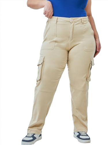 Bewakoof Womens Solid Regular Fit Cotton Blend Plus Size Casual Pants_620017_Brown_40