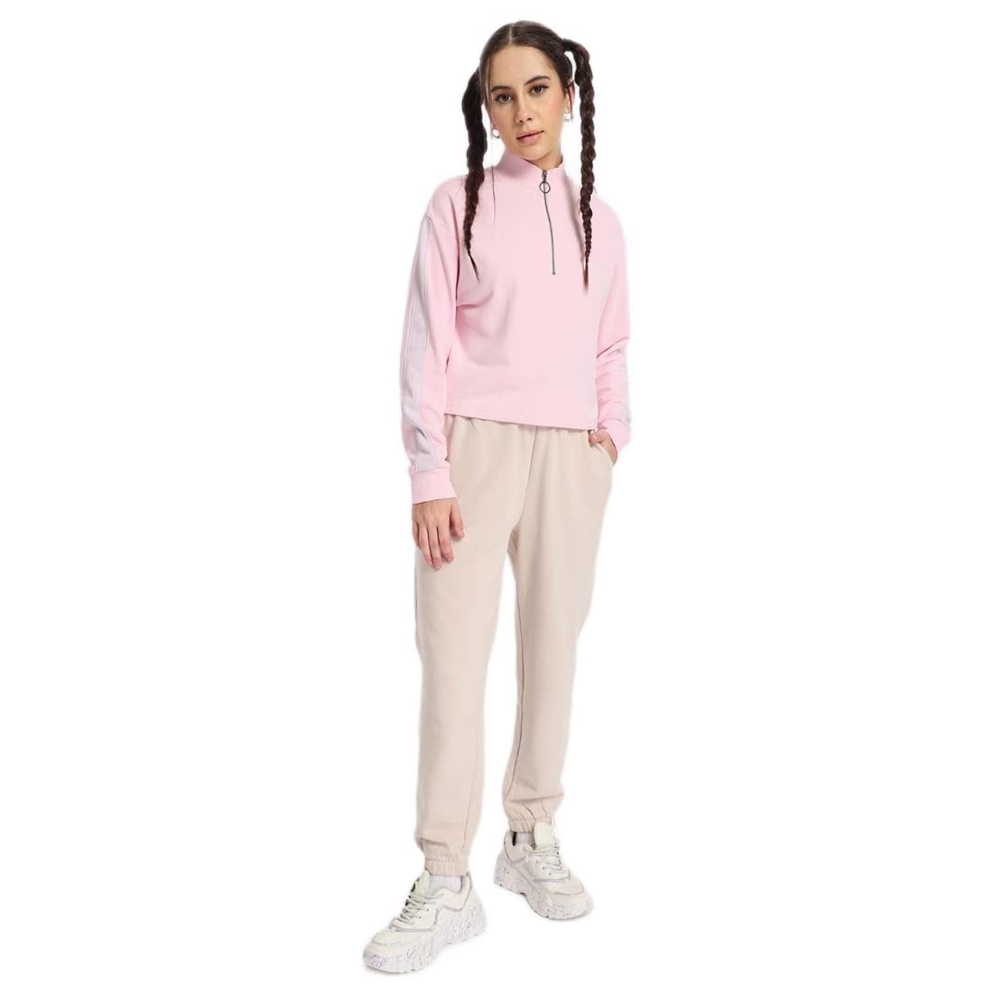 Bewakoof Womens Solid Oversized Fit Full Sleeve High Neck Terry Sweatshirt Pink