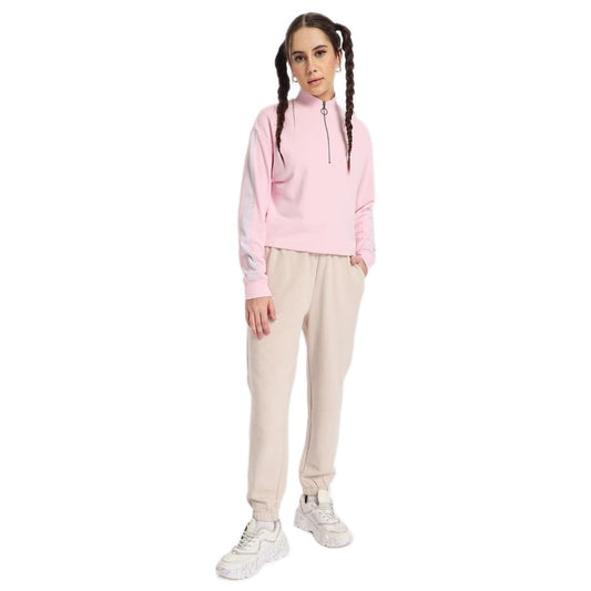 Bewakoof Womens Solid Oversized Fit Full Sleeve High Neck Terry Sweatshirt Pink