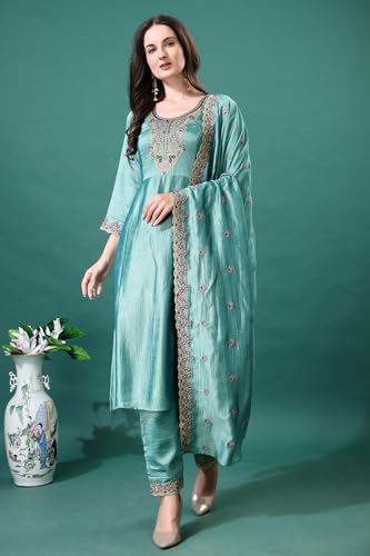 Pratham Blue WomenS Silk Embroidered Straight Kurta Palazzos With Dupatta |Kurta Set For Women |Women Kurta |Women Embroidered