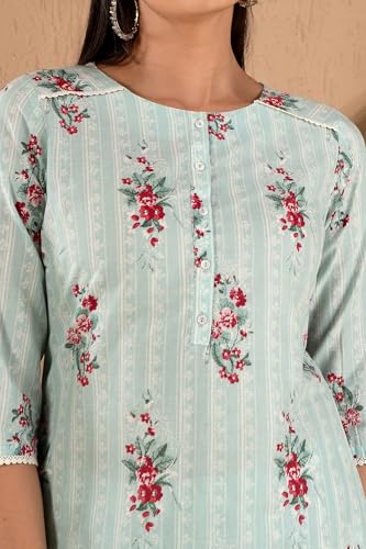 W Womens Light Green Floral Printed Cotton Kurta Dupatta Bottomwear with Lace