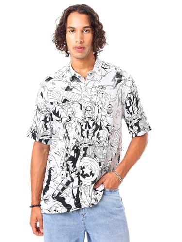 Bewakoof Official Marvel Merchandise Mens All Over Printed Oversized Shirt_586204_White_2XL