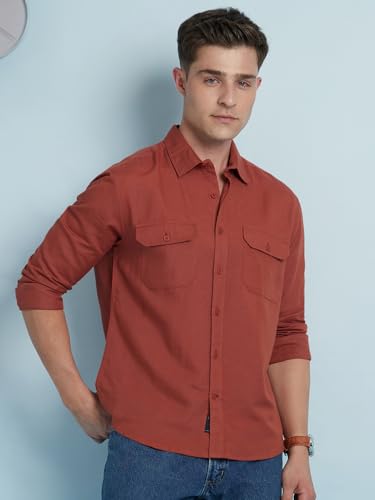 Dennis Lingo Men Linen Blend Regular Fit Solid Shirts Rust