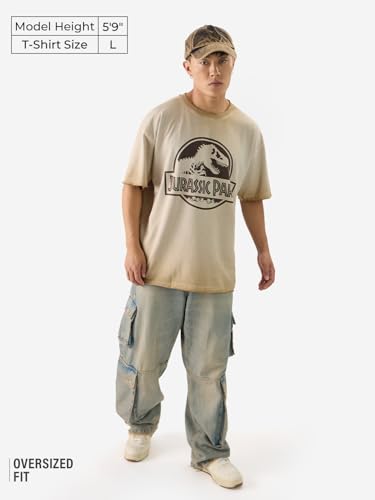 The Souled Store Official Jurassic Park: Logo Men And Boys Short Sleeves Round Neck Beige Graphic Printed Cotton Oversized T-Shi