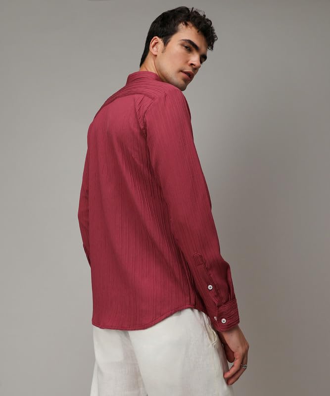 Campus Sutra Mens Blush Red Self-Design Striped Shirt for Casual Wear | Spread Collar | Long Sleeve | Button Closure | Shirt Cr