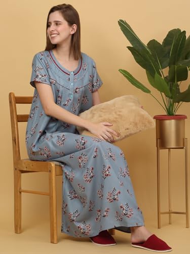Sweet Dreams Women Printed Full Length Night Dress Grey