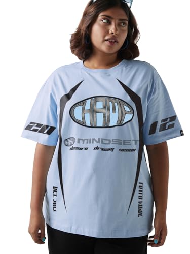 Bewakoof Women Graphic Print Oversized Fit Half Sleeve Round Neck Cotton Jersey Plus Size Tshirt_654537_Blue_3Xl