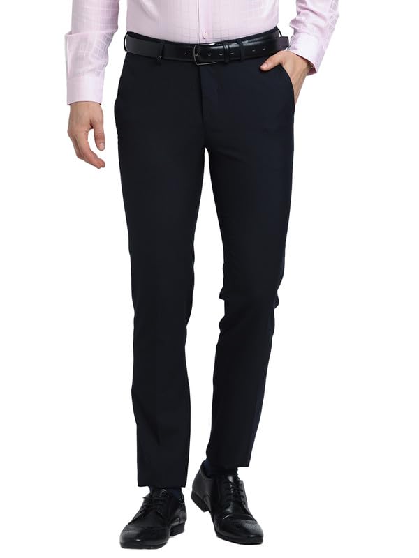 Turtle Men Poly Viscose Navy Solid Slim Fit Formal Trouser