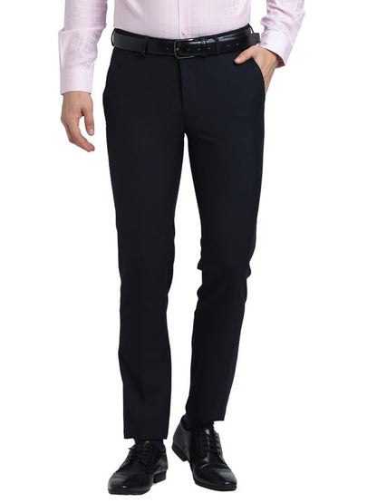 Turtle Men Poly Viscose Navy Solid Slim Fit Formal Trouser