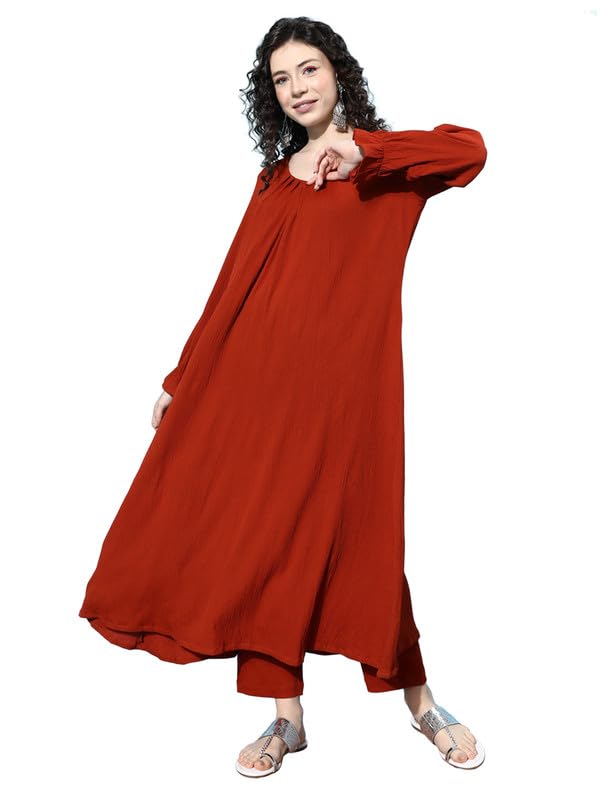 Varanga Women Rust Colour Bishop Sleeve A-Line Kurta With Front Pleat, V-Neck, Paired With Tonal Bottom