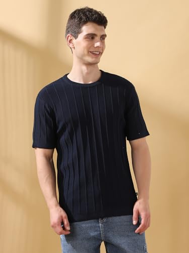 Dennis Lingo Men Navy Textured Round Neck Half Sleeves Regular Fit T-Shirts
