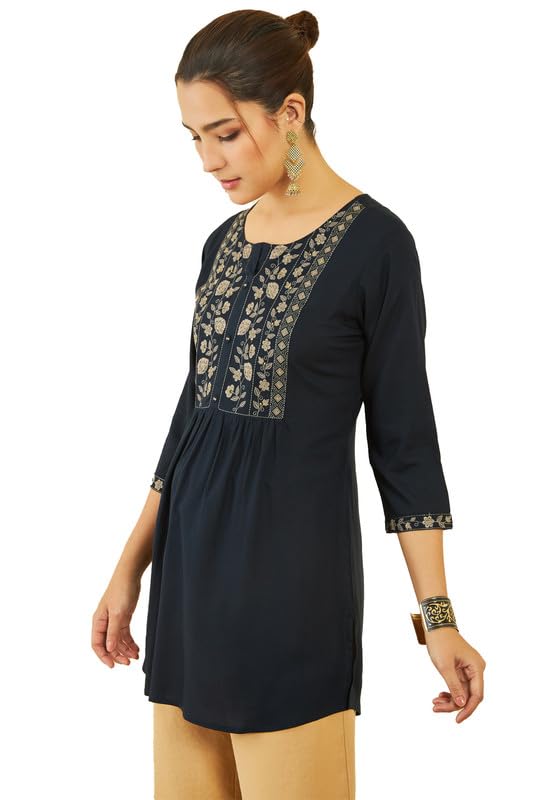 Soch Womens Navy Blue Rayon Floral Embroidered Round-Neck Tunic with Vented Hemline