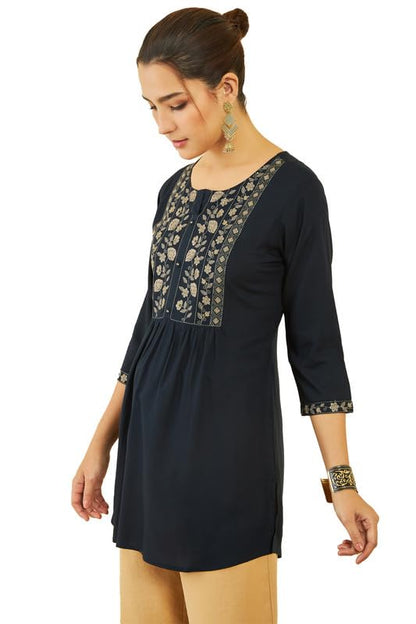 Soch Womens Navy Blue Rayon Floral Embroidered Round-Neck Tunic with Vented Hemline