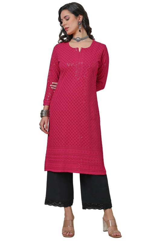 Soch Womens Fuchsia Rayon Embroidered Straight Kurta With Sequins