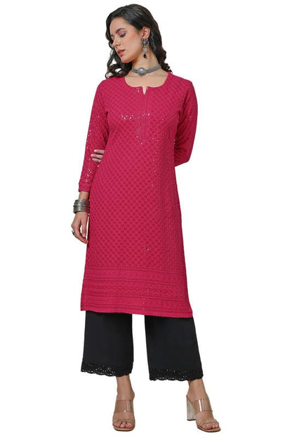 Soch Womens Fuchsia Rayon Embroidered Straight Kurta With Sequins