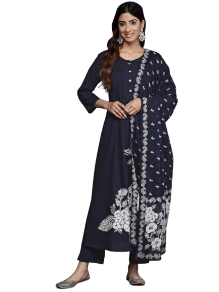 VARANGA Women Blue Floral Printed Kurta With Bottom And Dupatta