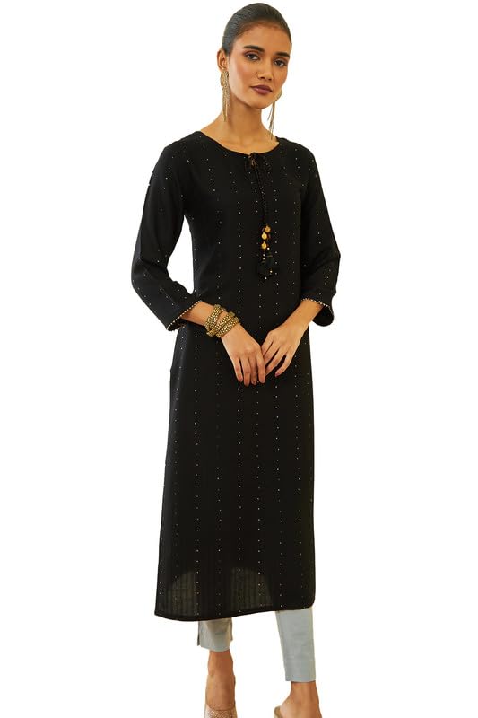 Soch Womens Black Rayon Sequin Embellished Round-Neck Straight Kurta