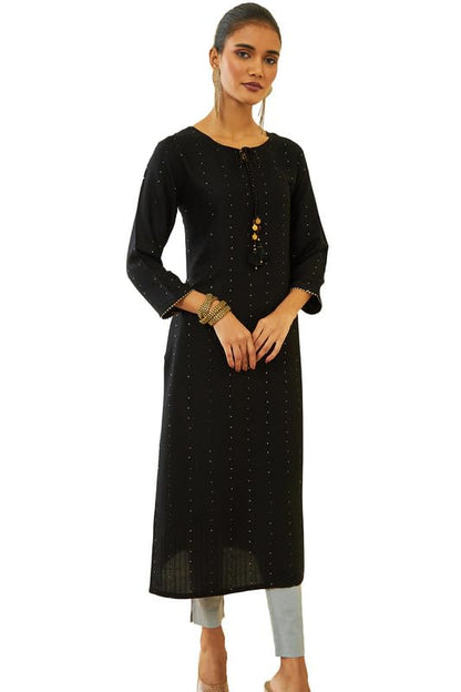 Soch Womens Black Rayon Sequin Embellished Round-Neck Straight Kurta