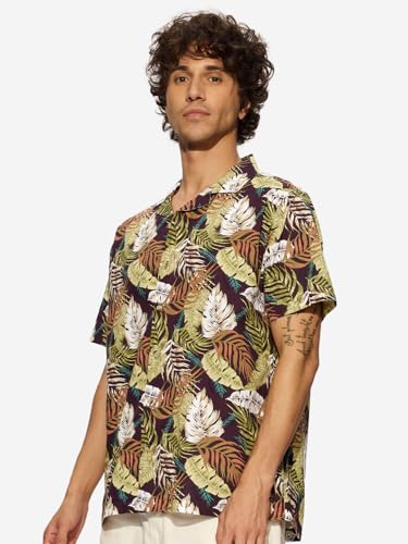 The Souled Store Just Leafy Men and Boys Short Sleeves Collared Neck Button Front Multicolor All Over Printed Cotton Holiday Shi