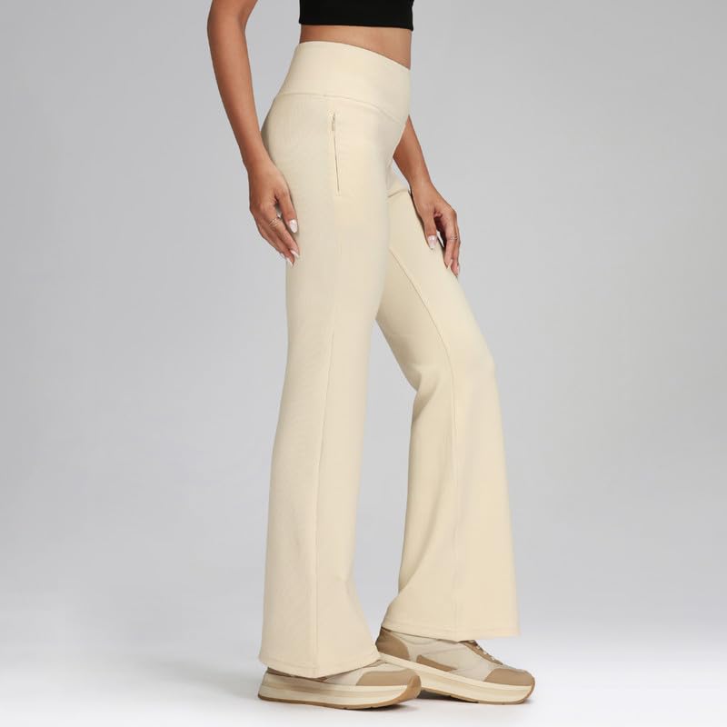 BlissClub Womens RibSupreme Flare Pants, Flared Silhouette, Concealed Zipper Pocket, High-Rise Waistband, Sculpting fit,Tall Var
