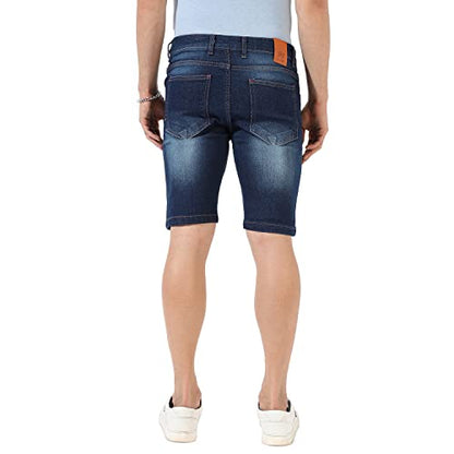 Campus Sutra MenS Classic Dark Blue Dark-Washed Distressed Patterned Denim Shorts, Regular Fit, Premium Stretchable Cotton Mid-