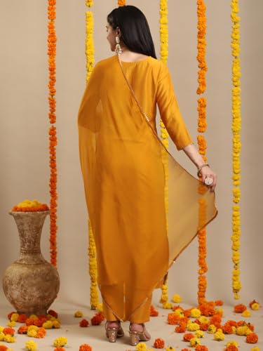 GoSriKi Women's Rayon Blend Kurta with Pants & Dupatta, Medium, Yellow, Model LIKHA YELLOW-GS