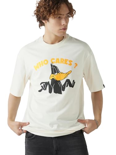 Bewakoof Official Looney Tunes Merchandise Daffy Duck MenS Graphic Print Oversized Fit Half Sleeve Round Neck Cotton Jersey T-S