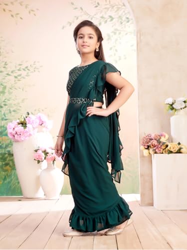 Aarika Girls Ethnic Wear Dark Green Colour Sequin Embroidery Georgette Lehenga Saree With Attachable Dupatta-(3-13 Years)-(SR-26