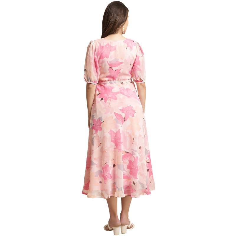 Preneum Women Fit & Flare Latest Style Print Georgette Regular Sleeves Casual Summer Maxi Dress | Festival & Occasion, Rose Pink