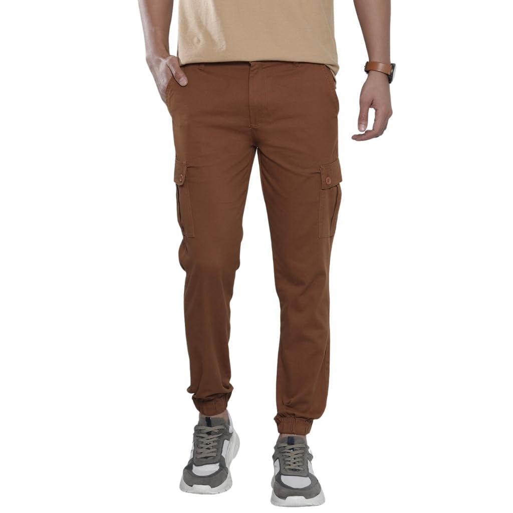 The Indian Garage Co Men Slim Fit Solid Mid-Rise Stretchable Cuffed Cargos