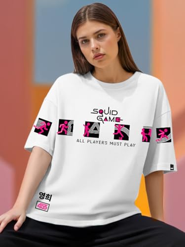 Bewakoof Official Squid Game Merchandise Womens Graphic Print Oversized Fit Half Sleeve Round Neck Cotton T-Shirt_683821_White_