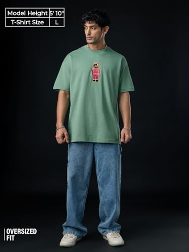 The Souled Store Squid Games: Soldier Men and Boys Short Sleeves Round Neck Green Embroidered Cotton Oversized T-Shirts