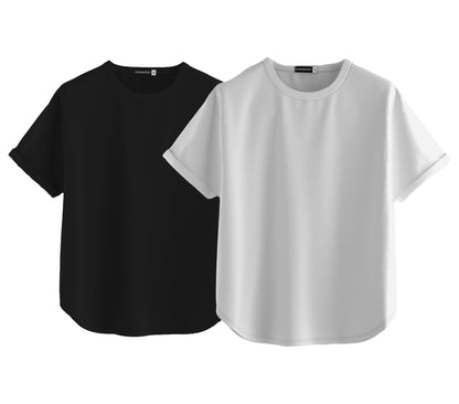 Juneberry Pure 100% Cotton Oversized Loose Baggy Fit Round Neck With Drop Shoulder Black & White Half Sleeves Boyfriend T-Shirt