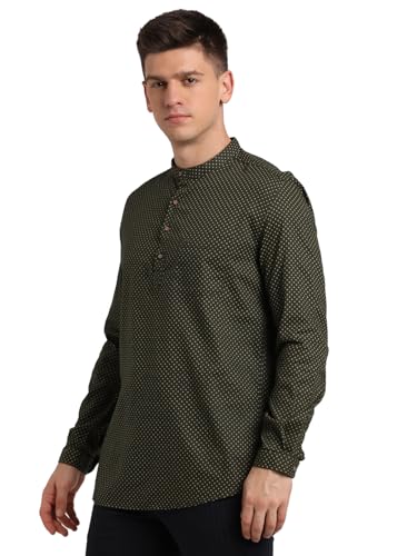Turtle Men 100% Cotton Dark Green Printed Slim Fit Casual Kurta Shirt