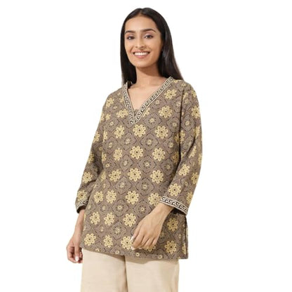 Fabindia WomenS Cotton Printed Slim Kurta (1037347Grey- Grey-Mustard